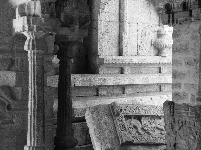 Fallen slabs on stone and columns in Hampi India