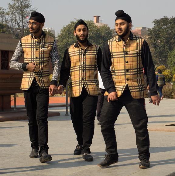 Three Dapper Sikhs in Butterscoth Plaid Three young Sikh men visit a public garden in Armitsar, India