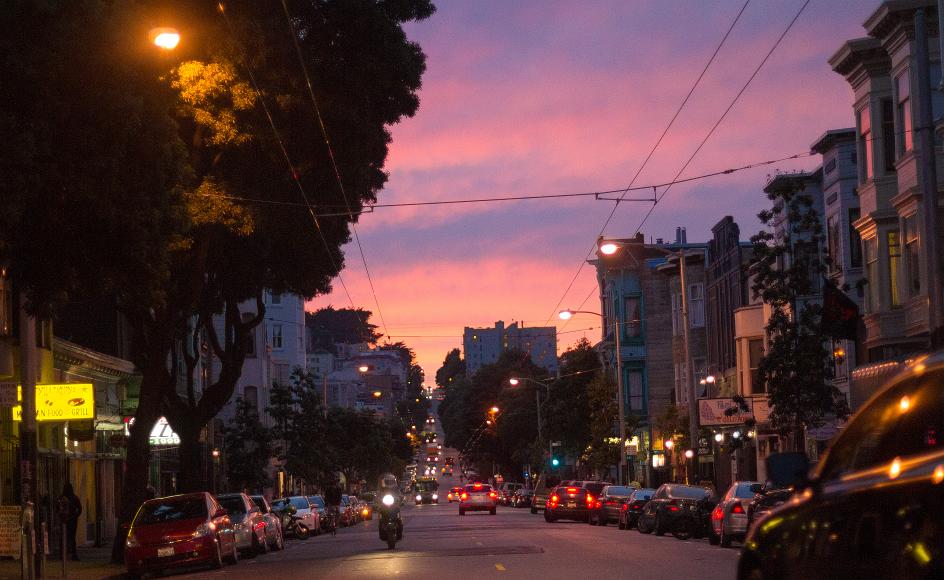 Looking west towards the Upper Haight at sunset Colored sunset sky above the Lower Haight from Filmore St