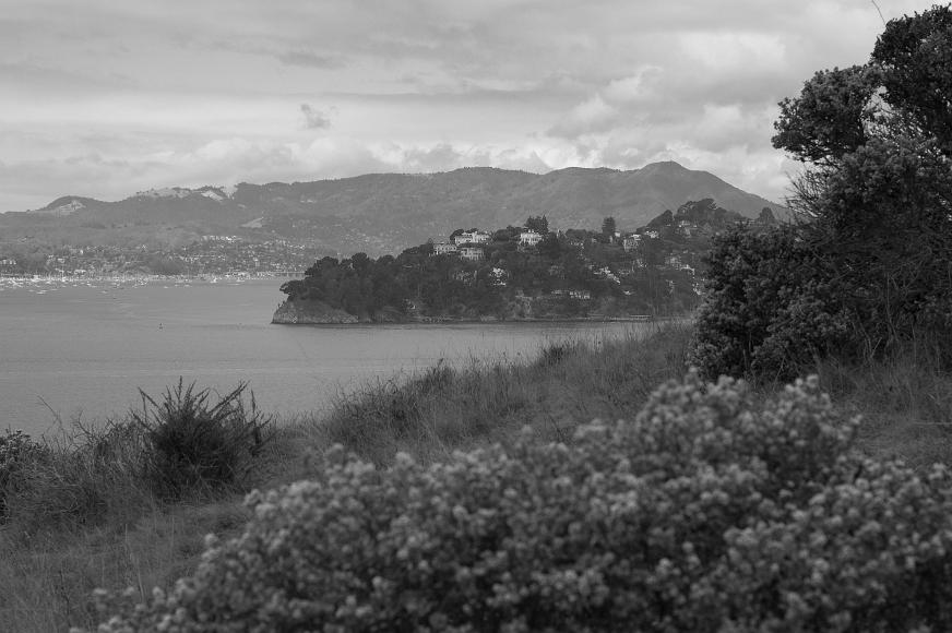 Sausalito and Tiburon from Angel Island Black and white of Angel island with mountains and hills with houses behind under a mostly cloudy sky